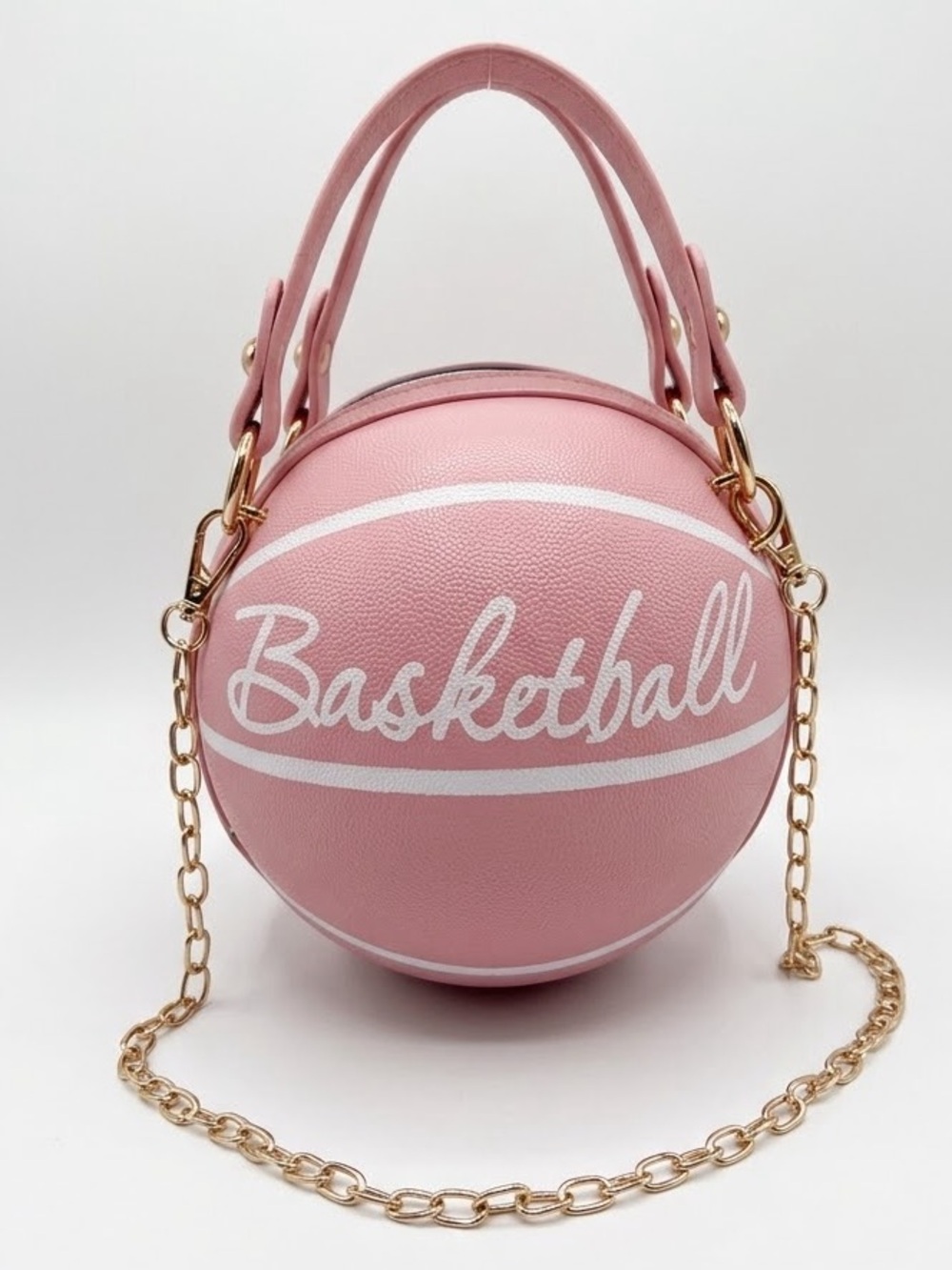 NEW Pink Faux Leather Basketball Crossbody Bag w Double Handle Drop & Gold Chain - Picture 2 of 16